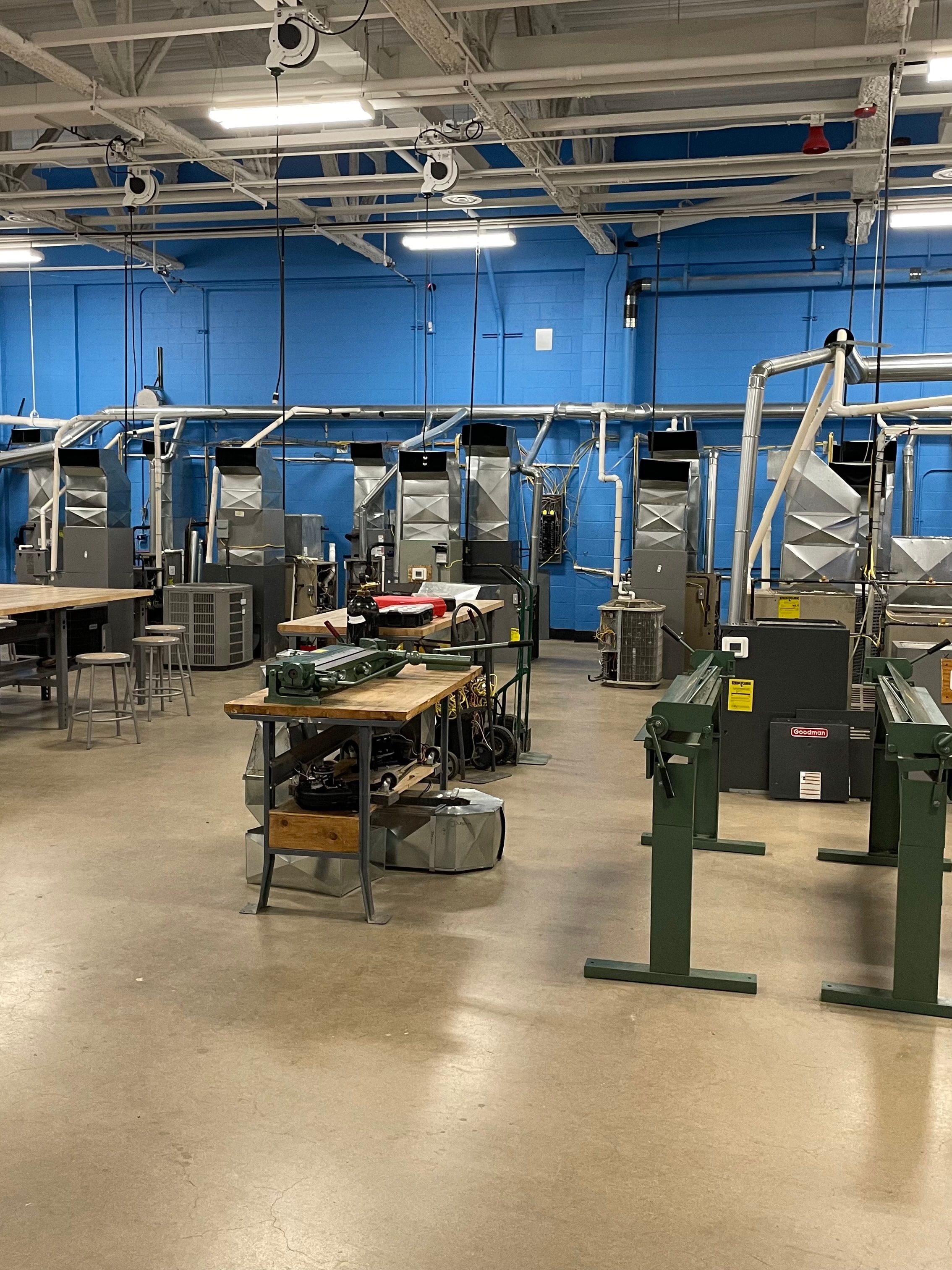 HVAC training lab at Steel Center for Career and Technical Education in Jefferson Hills, PA — furnaces, condensers, and sheet metal equipment